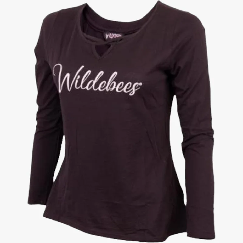 Wildebees Womens Cross Neck Hi Lo Slub Swing Tee Black Terry Blend Velvet Blend Canvas Blend