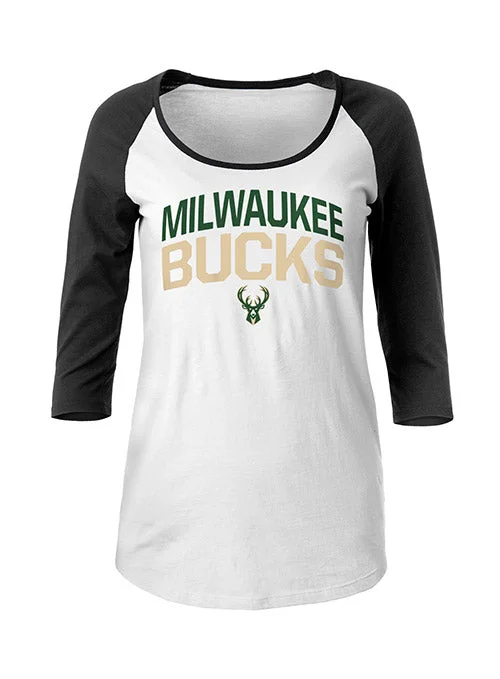 Women's New Era Raglan Sequin Milwaukee Bucks 3/4 Sleeve T-Shirt Spandex Blend Rayon Blend Denim Blend