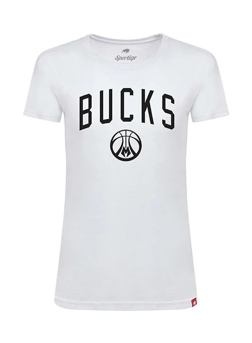 Women's Sportiqe Davis Tiempos Ball Milwaukee Bucks T-Shirt Denim Fabric Leather Fabric Suede Fabric