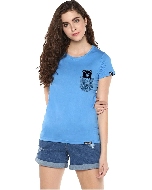 Womens Half Sleeve Teddybear Printed Blue Color Tshirts Solid Print Embellished