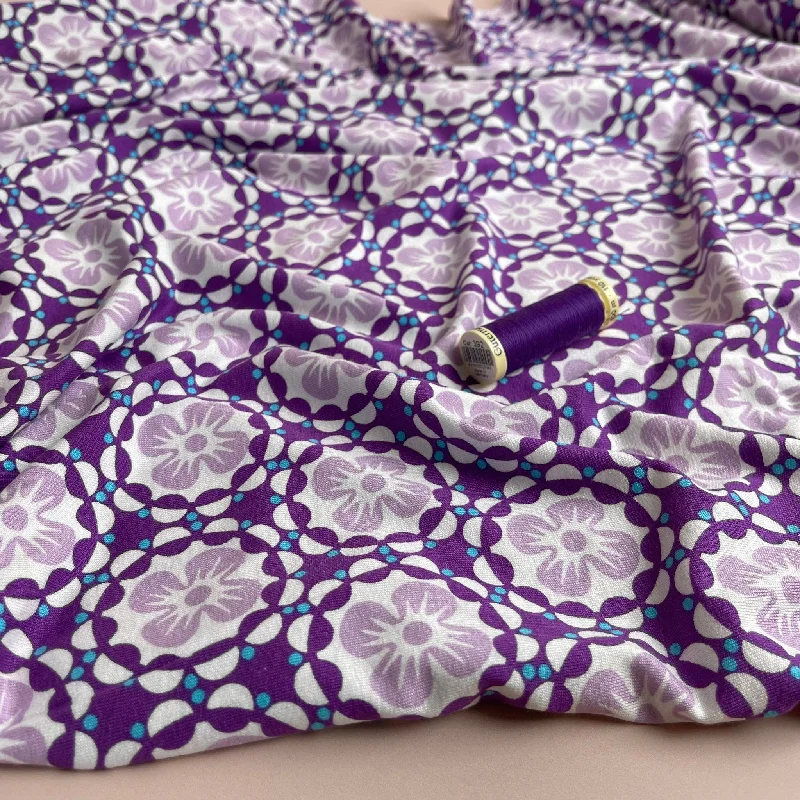 Mosaic Flowers in Purple Viscose Jersey Fabric Boat Neck Jersey Shirt