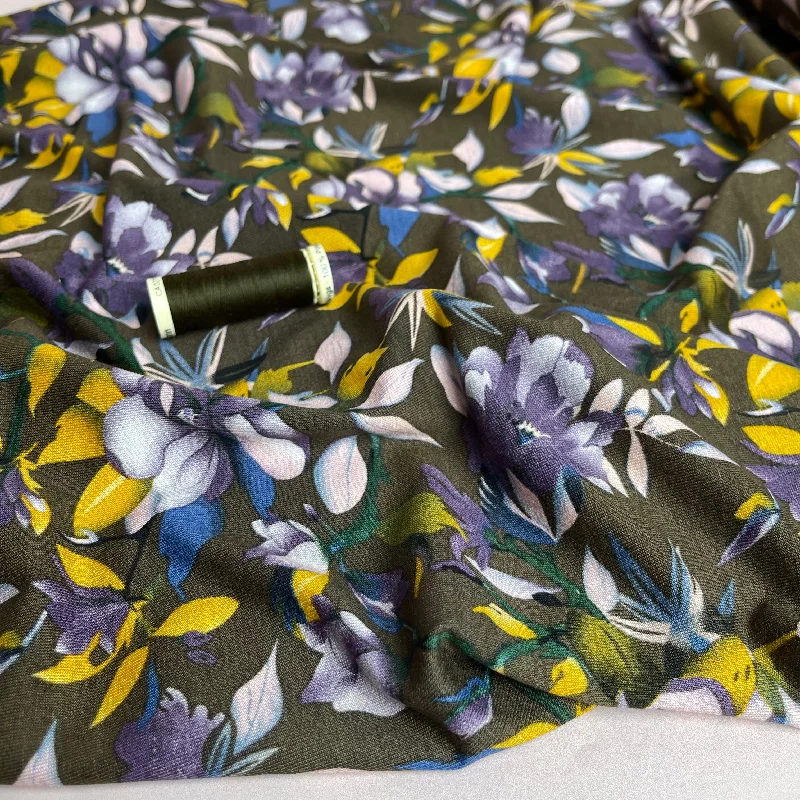 Purple Bouquet on Olive Viscose Jersey Fabric Handmade Jersey Tee