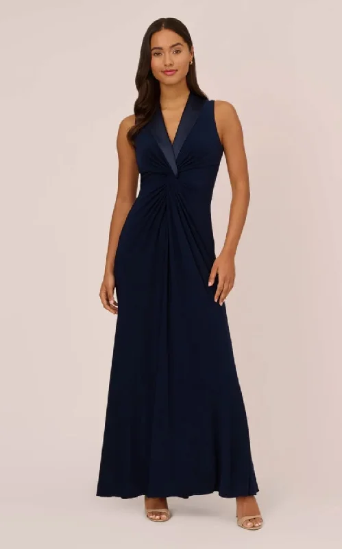 Adrianna Papell- Matte Jersey Twist Front Tuxedo Gown in Midnight Seasonal Jersey Tee