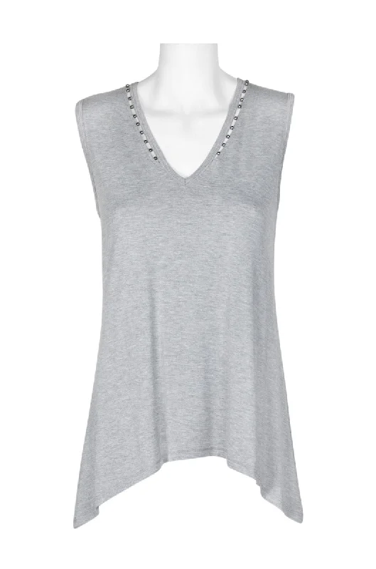 Elie Tahari Embellished V-Neck Sleeveless High Low Hem Solid Jersey Top Limited Edition Jersey Tee