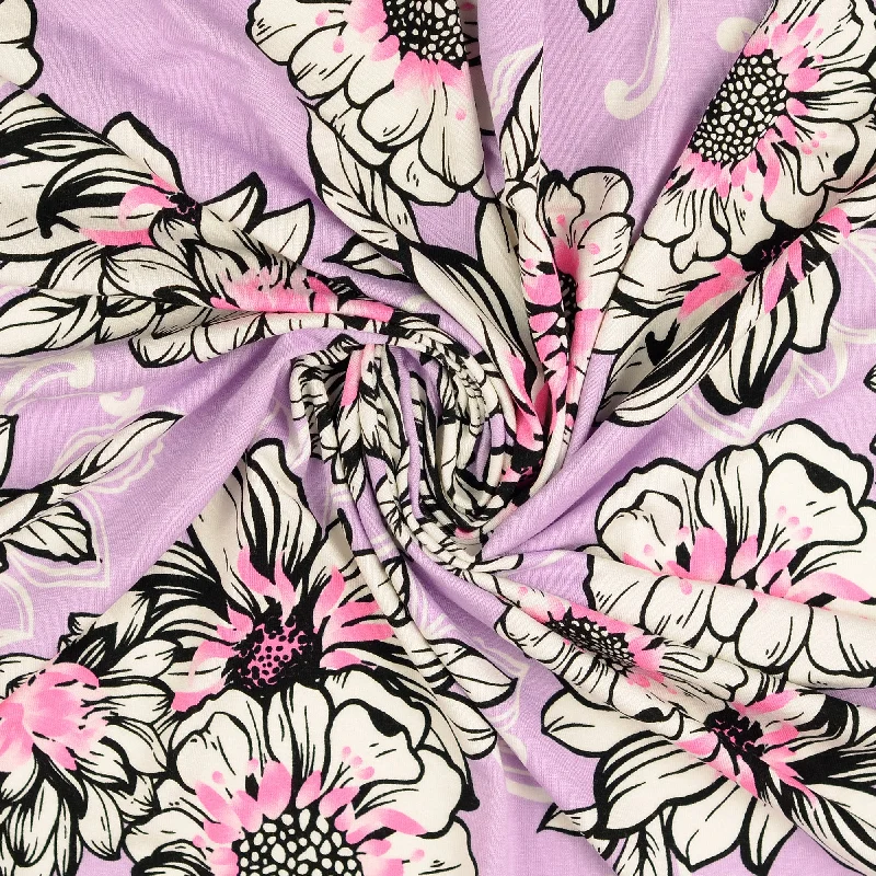 REMNANT 1.59 Metres - Peonies in Lilac Viscose Jersey Fabric Silk Jersey Blouse