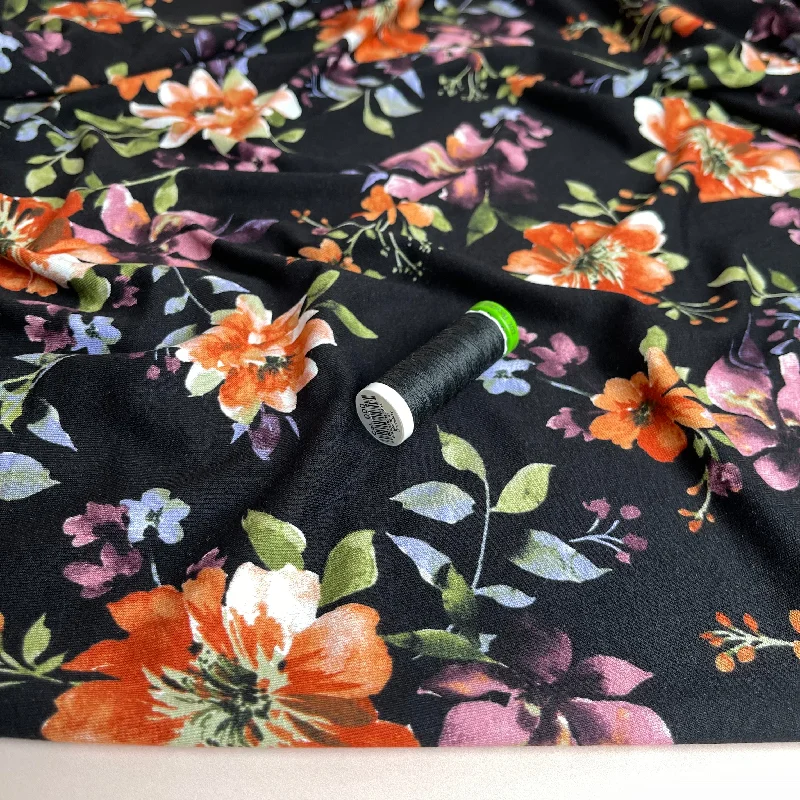 Watercolour Bouquet on Black Viscose Jersey Fabric Boutique Jersey Tee