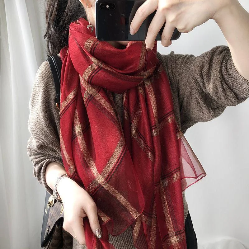 Women's Autumn and Winter Silk Scarf Korean Style All Match Mulberry Silk Shawl Thin Silk Plaid Scarf Long Dual-use Gauze Scarf Sweet Neckerchief Comfortable Shawl Scarf Wrap Women's Autumn and Winter Silk Scarf Korean Style All Match Mulberry Silk Shawl Thin Silk Plaid Scarf Long Dual-use Gauze Scarf Sweet Neckerchief Comfortable Shawl Scarf Wrap